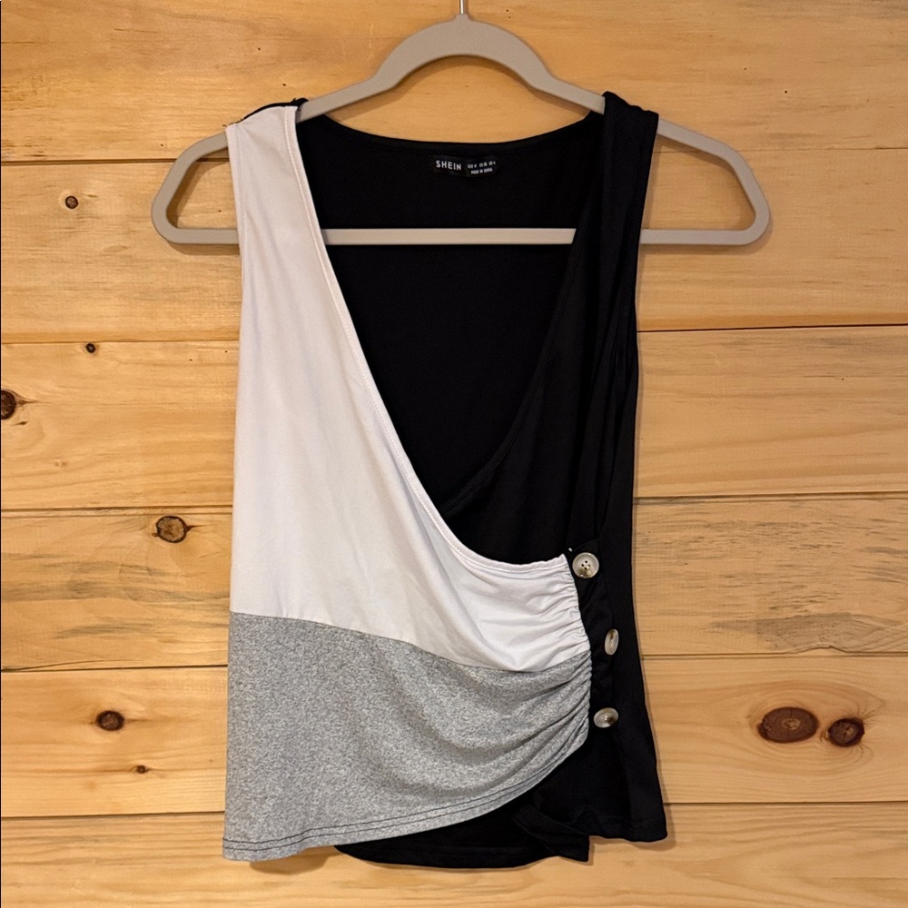 SHEIN Black, White & Gray Colorblock Wrap Tank with Side Buttons